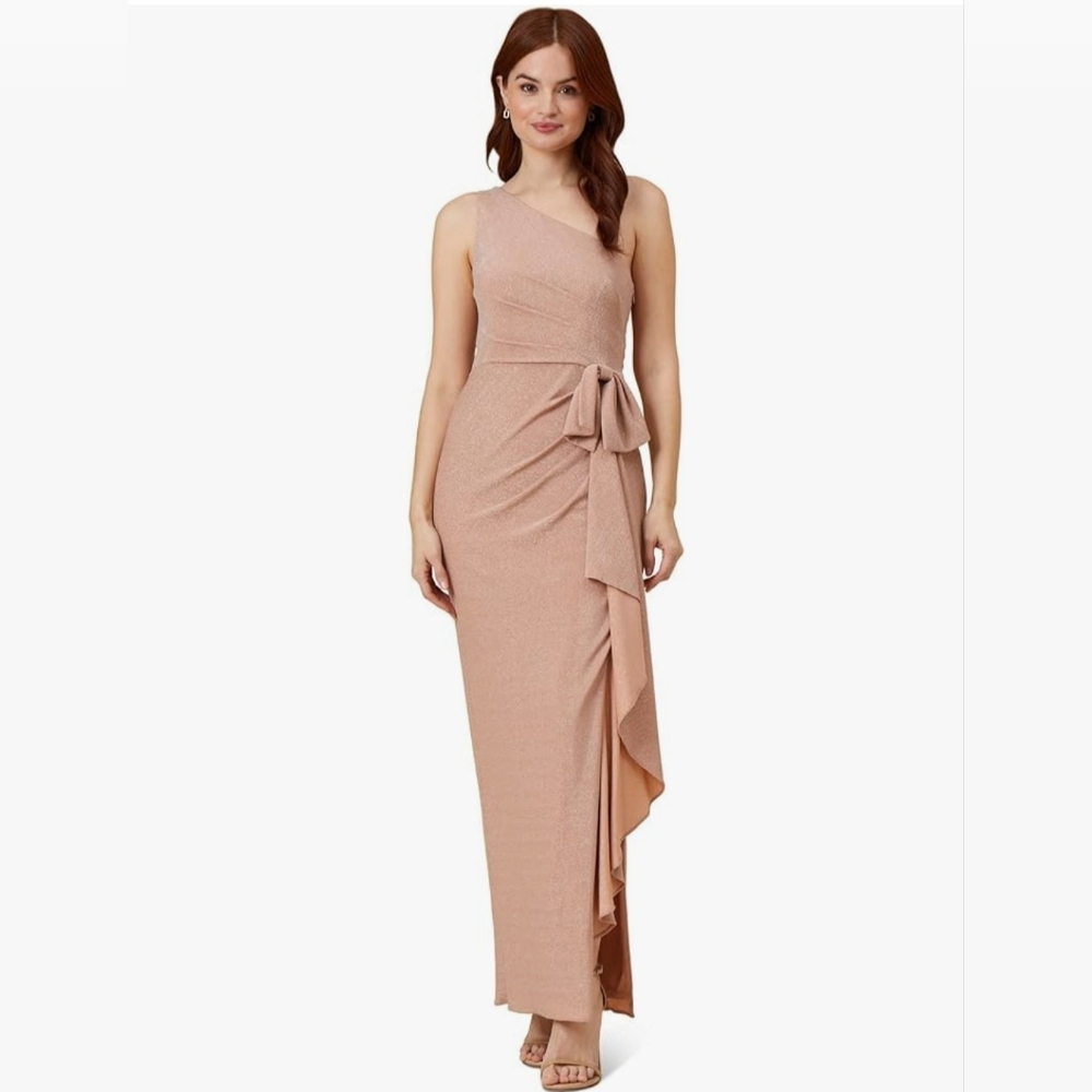 NWOT Adrianna Papell Metallic One Shoulder Knit Cascade Gown